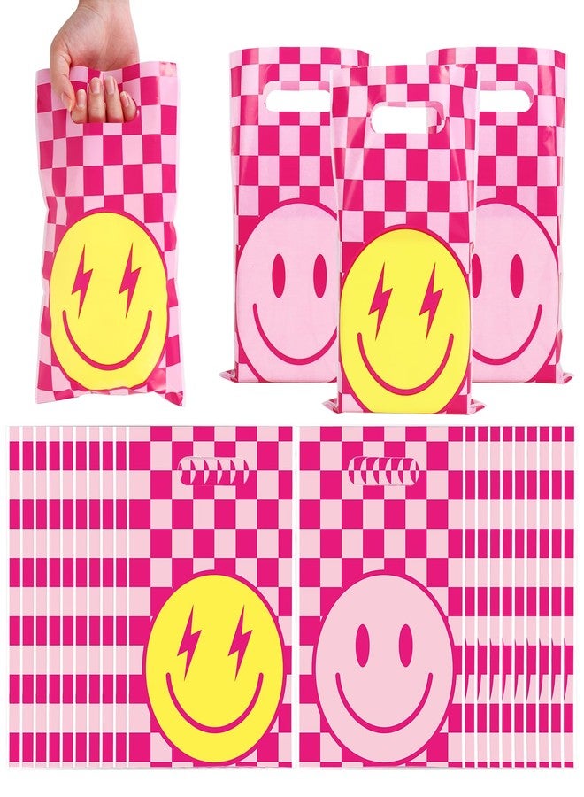 Whaline 50Pcs Preppy Party Favor Bag Pink Checkered Smile Face Treat Bags with Handles Plastic Candy Goodie Bags for Birthday Baby Shower Party Favors Supplies - Image 1
